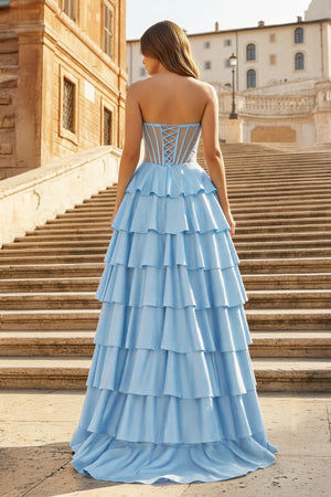 KissProm-Sky Blue Sweetheart A Line Satin Ruffled Long Prom Dresses With Slit
