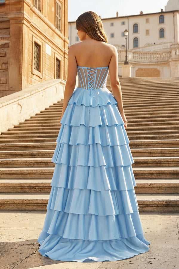 KissProm-Sky Blue Sweetheart A Line Satin Ruffled Long Prom Dresses With Slit