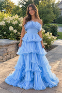 Sky Blue Strapless A-Line Tiered Crinkled Tulle Prom Dress | KISSPROM
