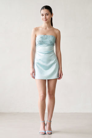 Sky Blue Strapless Appliqued Satin Sheath Homecoming Dress (3) | KISSPROM