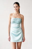 Sky Blue Strapless Appliqued Satin Sheath Homecoming Dress | KISSPROM