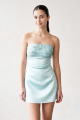 Sky Blue Strapless Appliqued Satin Sheath Homecoming Dress | KISSPROM
