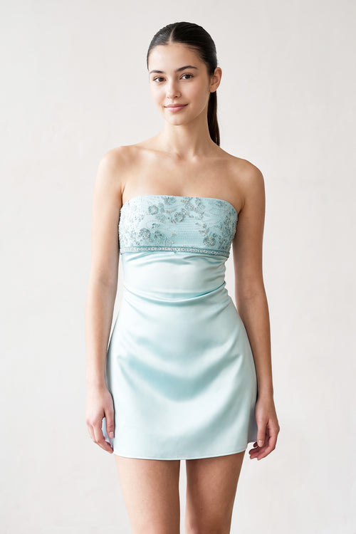 Sky Blue Strapless Appliqued Satin Sheath Homecoming Dress | KISSPROM