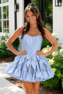 Sky Blue Strapless Beaded Short Homecoming Dress with Bow | KISSPROM