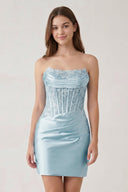 Sky Blue Strapless Bodycon Satin Pleated Mini Party Dress With Beading | KISSPROM