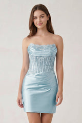 Sky Blue Strapless Bodycon Satin Pleated Mini Party Dress With Beading | KISSPROM