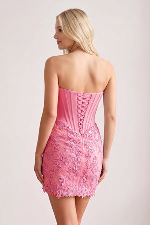 Pink Strapless Embroidered Lace Sheath Corset Homecoming Dress (2) | KISSPROM