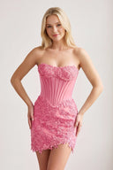 Pink Strapless Embroidered Lace Sheath Corset Homecoming Dress | KISSPROM