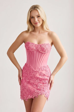 Pink Strapless Embroidered Lace Sheath Corset Homecoming Dress | KISSPROM