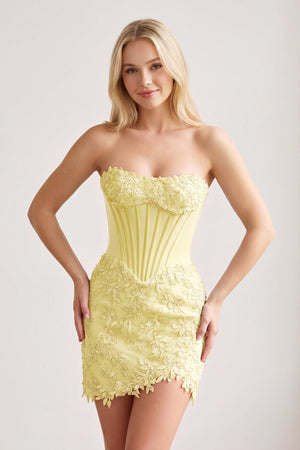 Yellow Strapless Embroidered Lace Sheath Corset Homecoming Dress | KISSPROM