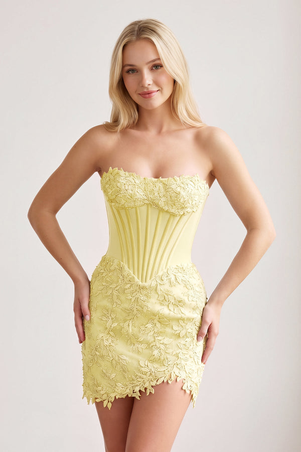 Yellow Strapless Embroidered Lace Sheath Corset Homecoming Dress | KISSPROM
