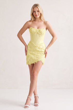 Yellow Strapless Embroidered Lace Sheath Corset Homecoming Dress (3) | KISSPROM