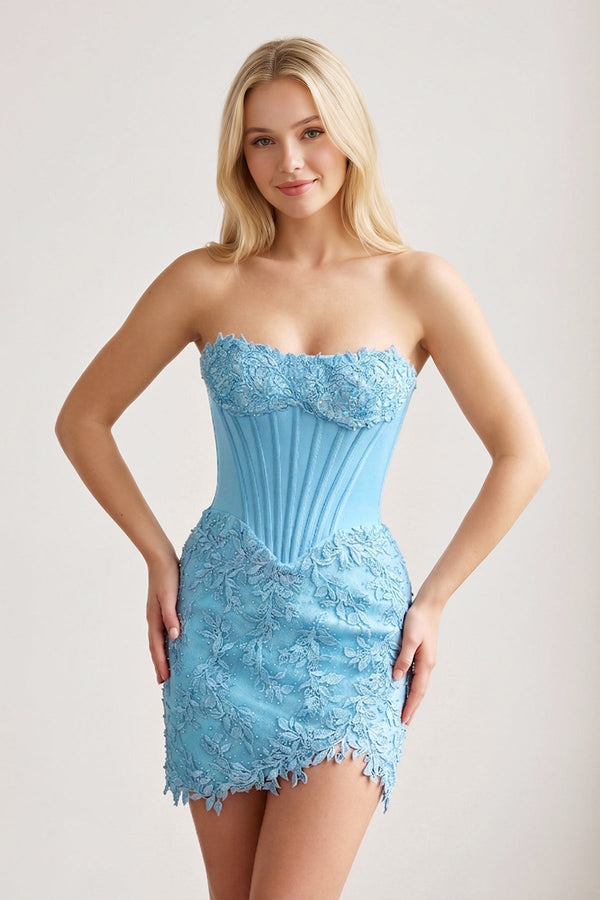 Blue Strapless Embroidered Lace Sheath Corset Homecoming Dress | KISSPROM