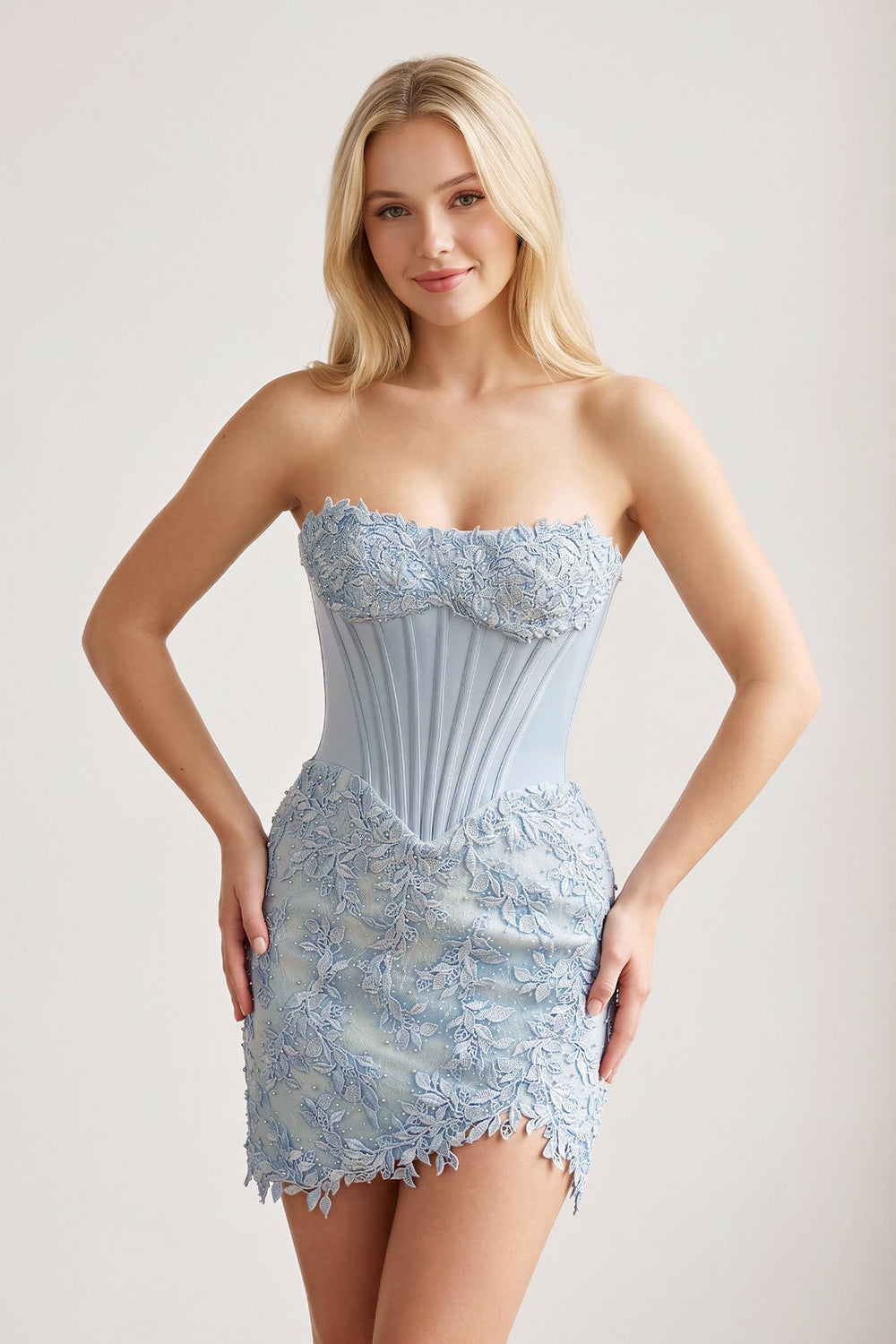 Sky Blue Strapless Embroidered Lace Sheath Corset Homecoming Dress - KissProm