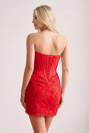 Red Strapless Embroidered Lace Sheath Corset Homecoming Dress (2) | KISSPROM
