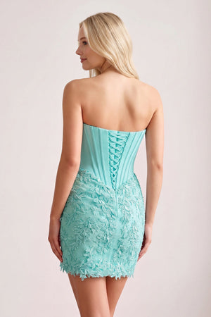 Turquoise Strapless Embroidered Lace Sheath Corset Homecoming Dress (2) | KISSPROM