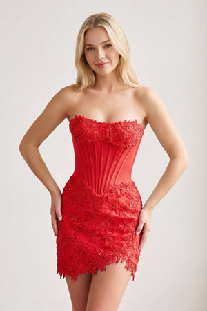 Red Strapless Embroidered Lace Sheath Corset Homecoming Dress | KISSPROM