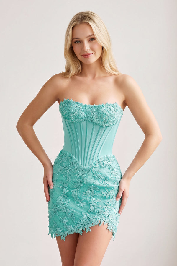 Turquoise Strapless Embroidered Lace Sheath Corset Homecoming Dress | KISSPROM