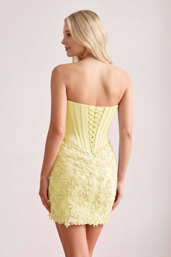 Yellow Strapless Embroidered Lace Sheath Corset Homecoming Dress (2) | KISSPROM