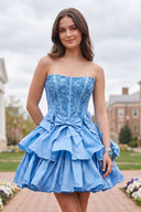 Sky Blue Strapless Sequins A-Line Homecoming Dress With Bow | KISSPROM