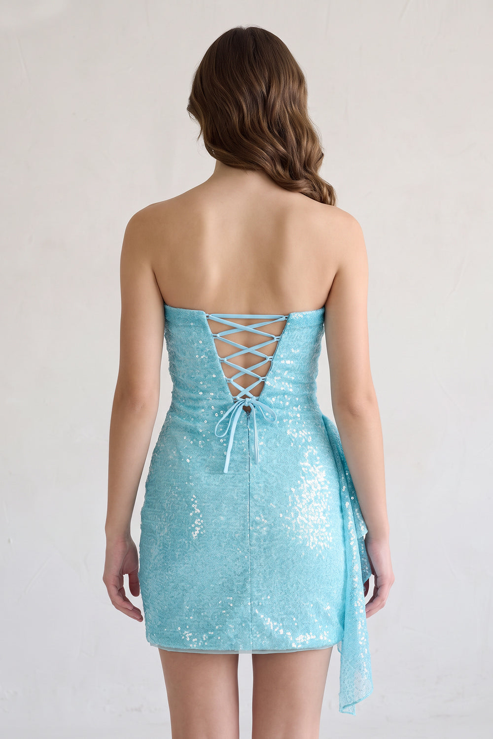 Sky Blue Strapless Sheath Sequins Mini Homecoming Dresses With Side Train | KISSPROM