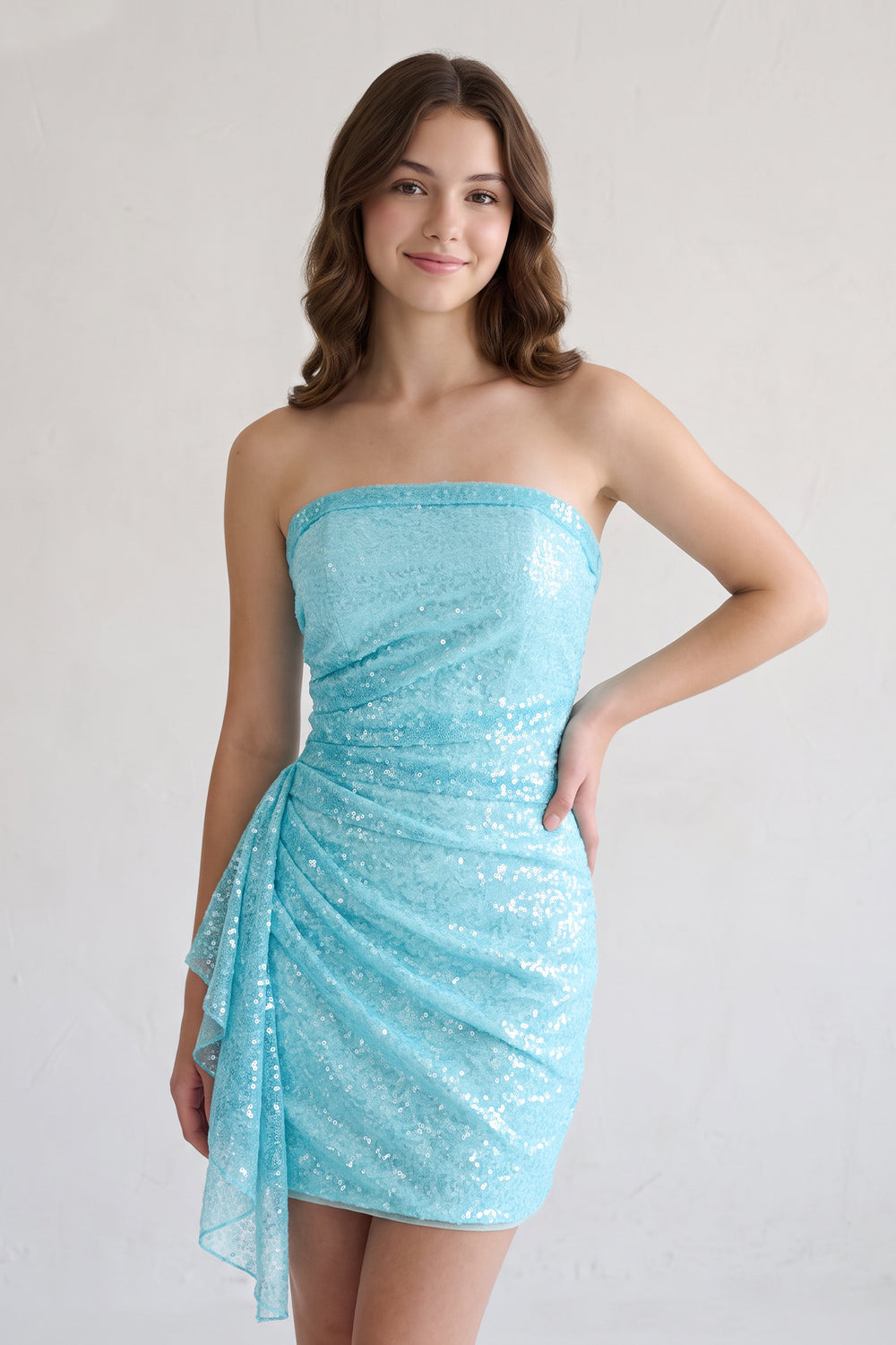 Sky Blue Strapless Sheath Sequins Mini Homecoming Dresses With Side Train | KISSPROM