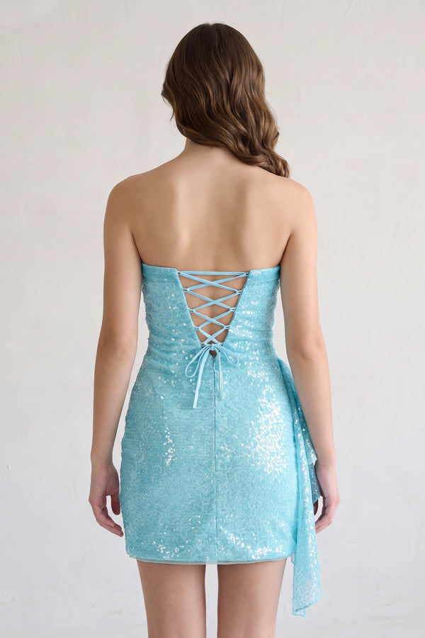 Sky Blue Strapless Sheath Sequins Mini Party Dress With Side Train (2) | KISSPROM