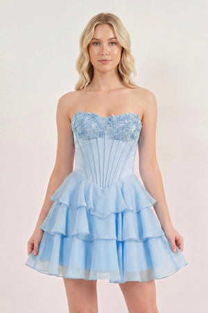 Sky Blue Strapless Tiered A-Line Ruffled Chiffon Appliqued Homecoming Dress | KISSPROM