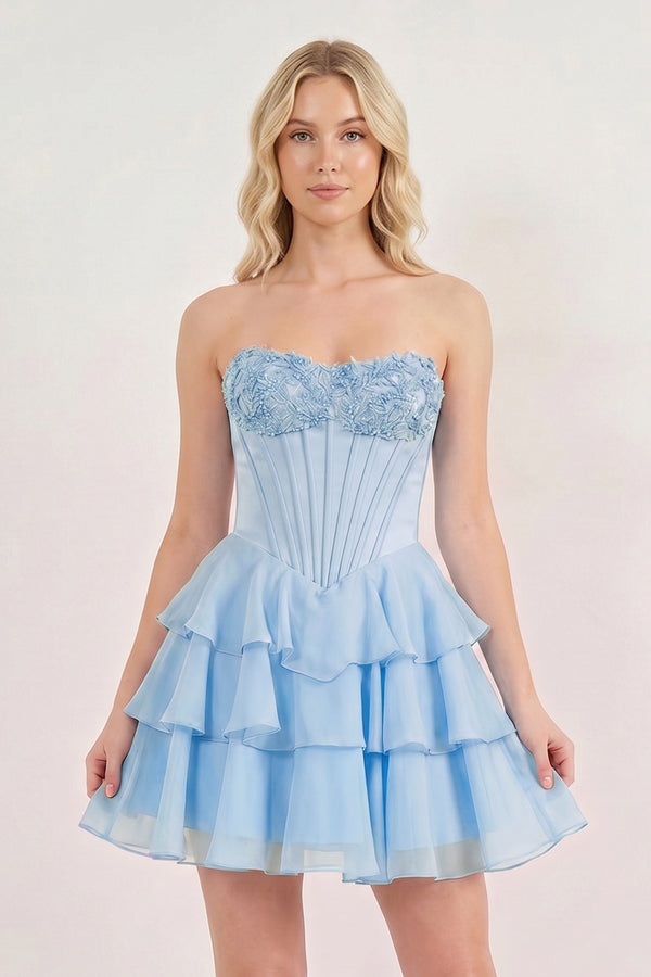 Sky Blue Strapless Tiered A-Line Ruffled Chiffon Appliqued Homecoming Dress | KISSPROM