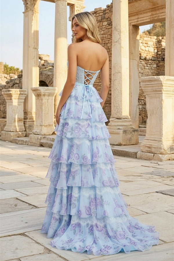 Sky Blue Sweetheart A Line Floral Chiffon Ruffled Long Prom Dresses With Slit - KissProm