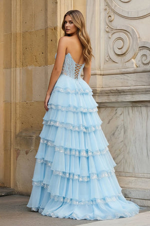Sky Blue Sweetheart A Line Sequined Lace Ruffled Long Prom Dresses With Appliques - KissProm