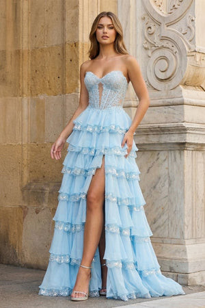 Sky Blue Sweetheart A Line Sequined Lace Ruffled Long Prom Dresses With Appliques - KissProm