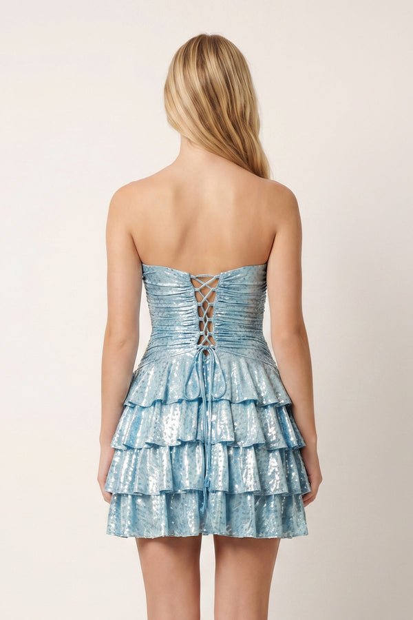 Sky Blue Sweetheart Cut-out A-Line Ruffled Satin Homecoming Dress With Beading– Homecoming Dress by KissProm | Available at KissProm