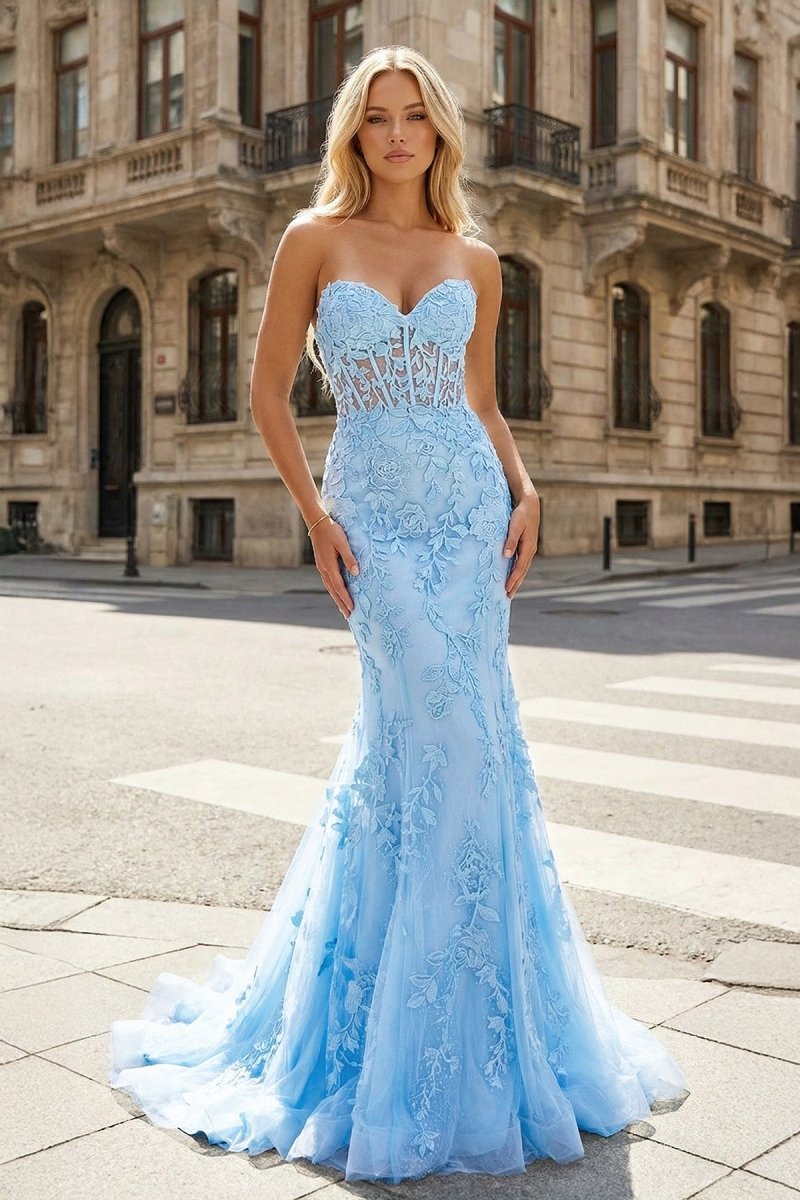 mermaid style dress Evie Sky Blue Strapless Lace Prom With Appliques Size:US 2 / EU 34 / UK 6 Arizona White Floral Print ROYCE