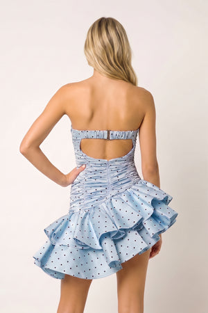 Sky Blue Sweetheart Polka Dots Ruched Ruffled A-Line Homecoming Dress | KISSPROM