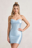 Sky Blue Sweetheart Satin Sheath Corset Homecoming Dress With Rhinestones | KISSPROM