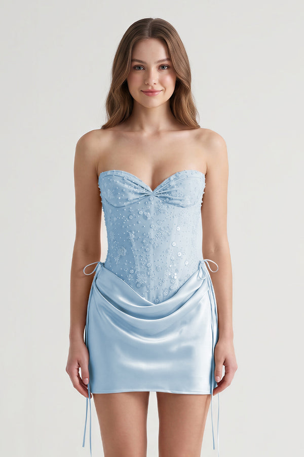Sky Blue Sweetheart Sheath Corset Ruched Satin Homecoming Dress with Beading | KISSPROM