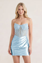 Sky Blue Sweetheart Sheath Satin Corset Ruched Mini Party Dress With Beading | KISSPROM