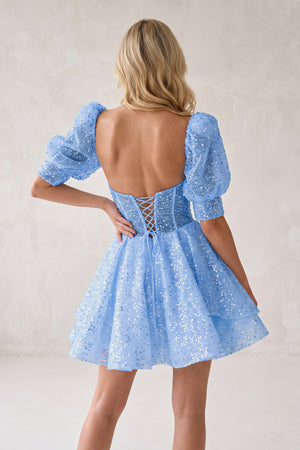 Sky Blue Sweetheart White Sequin Short Homecoming Dress With Puff Sleeves (2) | KISSPROM