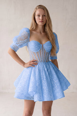Sky Blue Sweetheart White Sequin Short Homecoming Dress With Puff Sleeves | KISSPROM