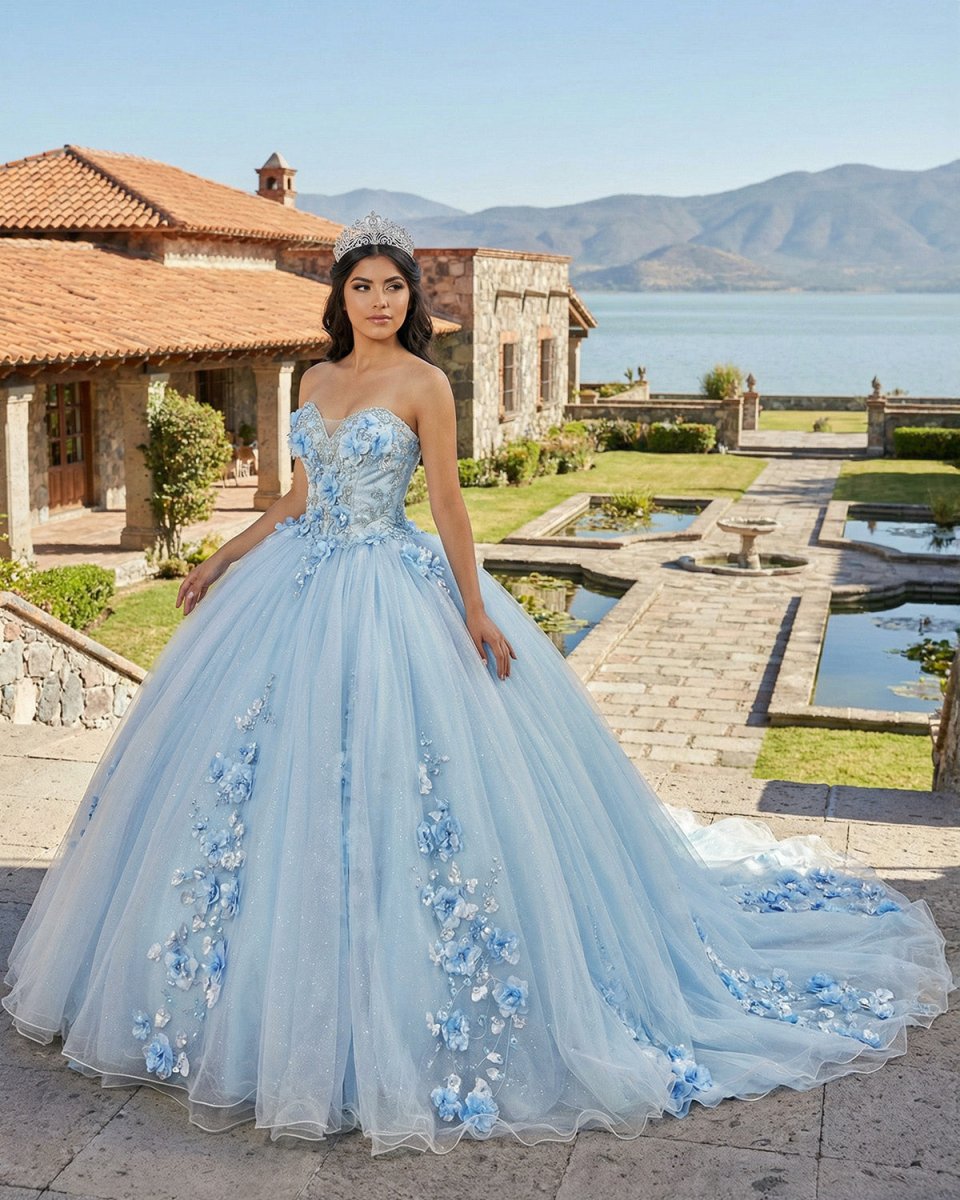 KissProm Sky Blue Tulle Ball-Gown Strapless Sleeveless Quinceanera Dresses, Sky Blue / 00