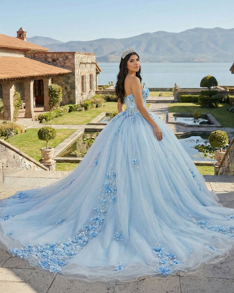 Sky Blue Tulle Ball-Gown Strapless Sleeveless Quinceanera Dresses