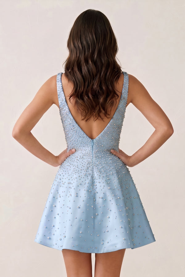 Sky Blue V-Neck A-Line Satin Homecoming Dress With Pearl | KISSPROM