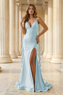 Yellow Spaghetti Straps Mermaid Satin Ruffled Long Prom Dresses With Slit - KissProm