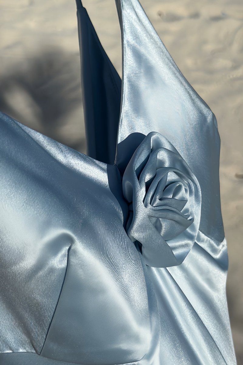 Lapis | Sky Blue - V Neck Sheath Satin Backless Long Formal Prom Dresses With Flower - KissProm