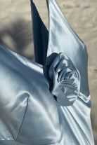 Lapis | Sky Blue - V Neck Sheath Satin Backless Long Formal Prom Dresses With Flower - KissProm