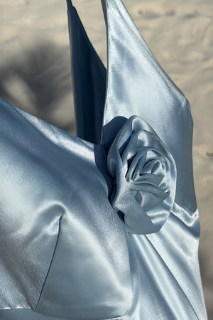 Lapis | Sky Blue - V Neck Sheath Satin Backless Long Formal Prom Dresses With Flower - KissProm