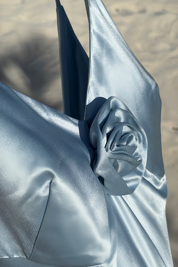 Lapis | Sky Blue - V Neck Sheath Satin Backless Long Formal Prom Dresses With Flower - KissProm