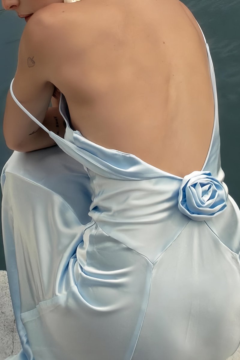 Lapis | Sky Blue - V Neck Sheath Satin Backless Long Formal Prom Dresses With Flower - KissProm