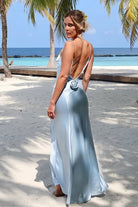 Lapis | Sky Blue - V Neck Sheath Satin Backless Long Formal Prom Dresses With Flower - KissProm